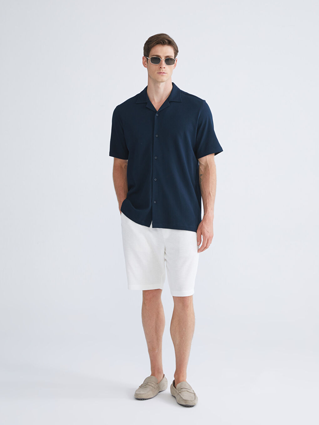 Lacivert Regular Fit Resort Yaka Erkek Gömlek-1