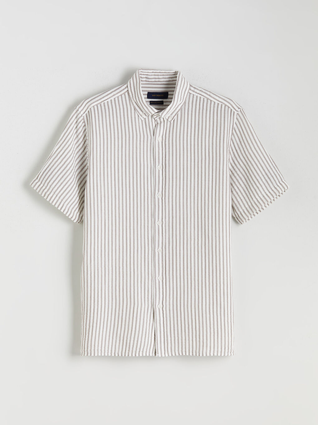 Kahverengi Regular Fit Kısa Kollu Çizgili Müslin Erkek Gömlek-4