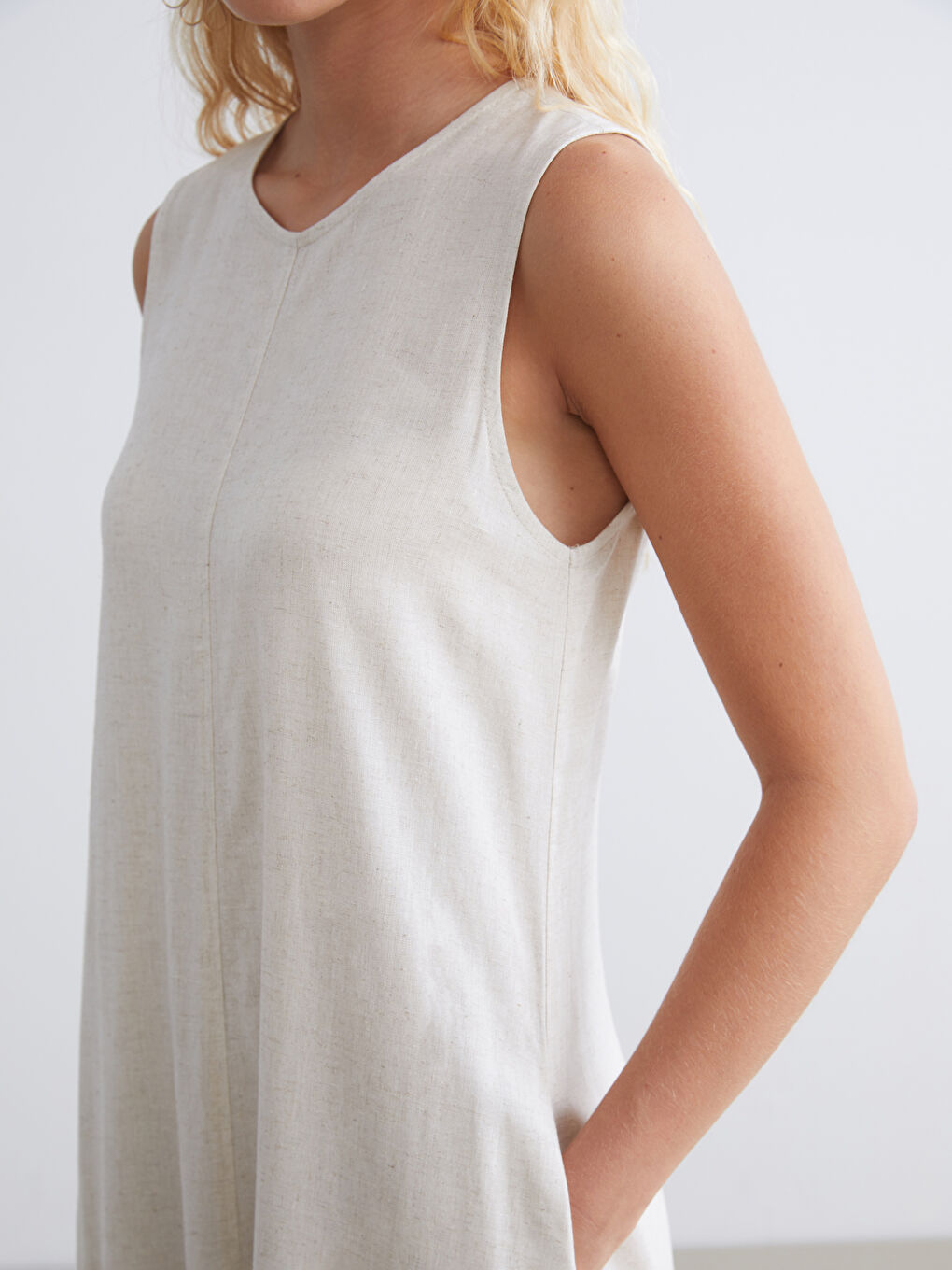 Bej Bisiklet Yaka A Kesim Keten Karışımlı Elbise-2