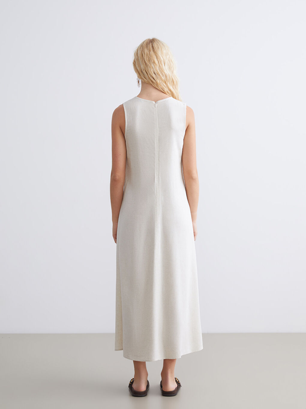 Bej Bisiklet Yaka A Kesim Keten Karışımlı Elbise-3