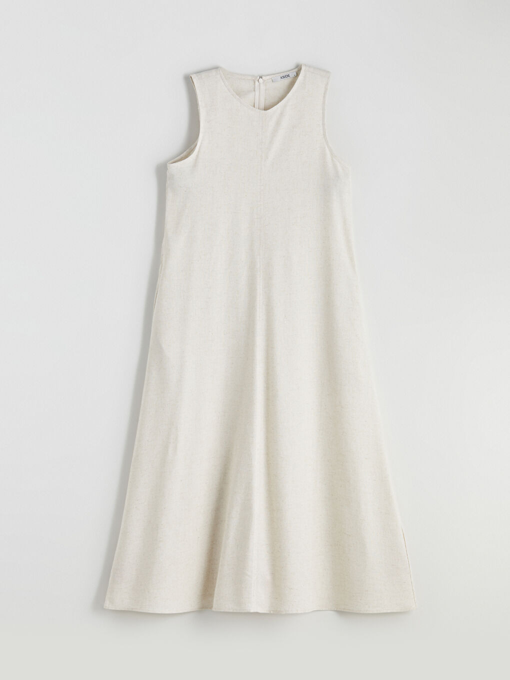 Bej Bisiklet Yaka A Kesim Keten Karışımlı Elbise-4