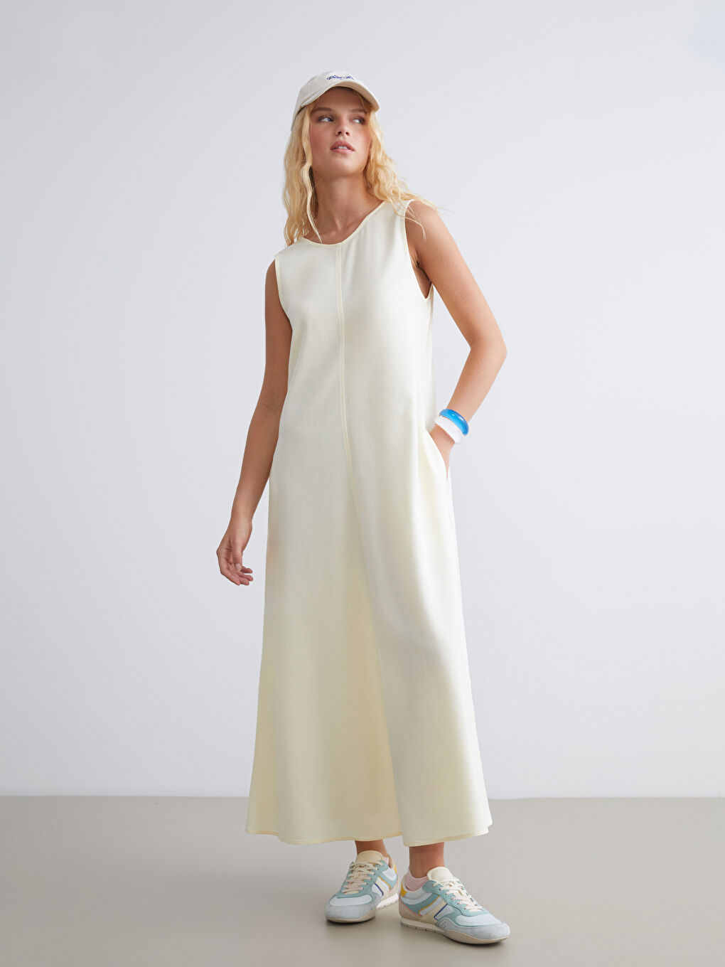 Sarı Bisiklet Yaka A Kesim Keten Karışımlı Elbise