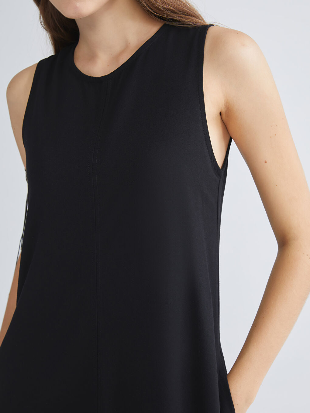 Siyah Bisiklet Yaka A Kesim Keten Karışımlı Elbise-2