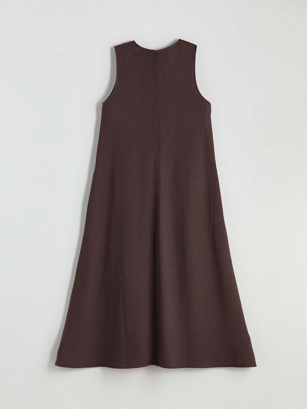 Kahverengi Bisiklet Yaka A Kesim Keten Karışımlı Elbise-5