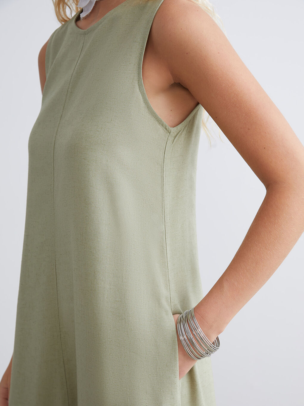 Haki Bisiklet Yaka A Kesim Keten Karışımlı Elbise-2