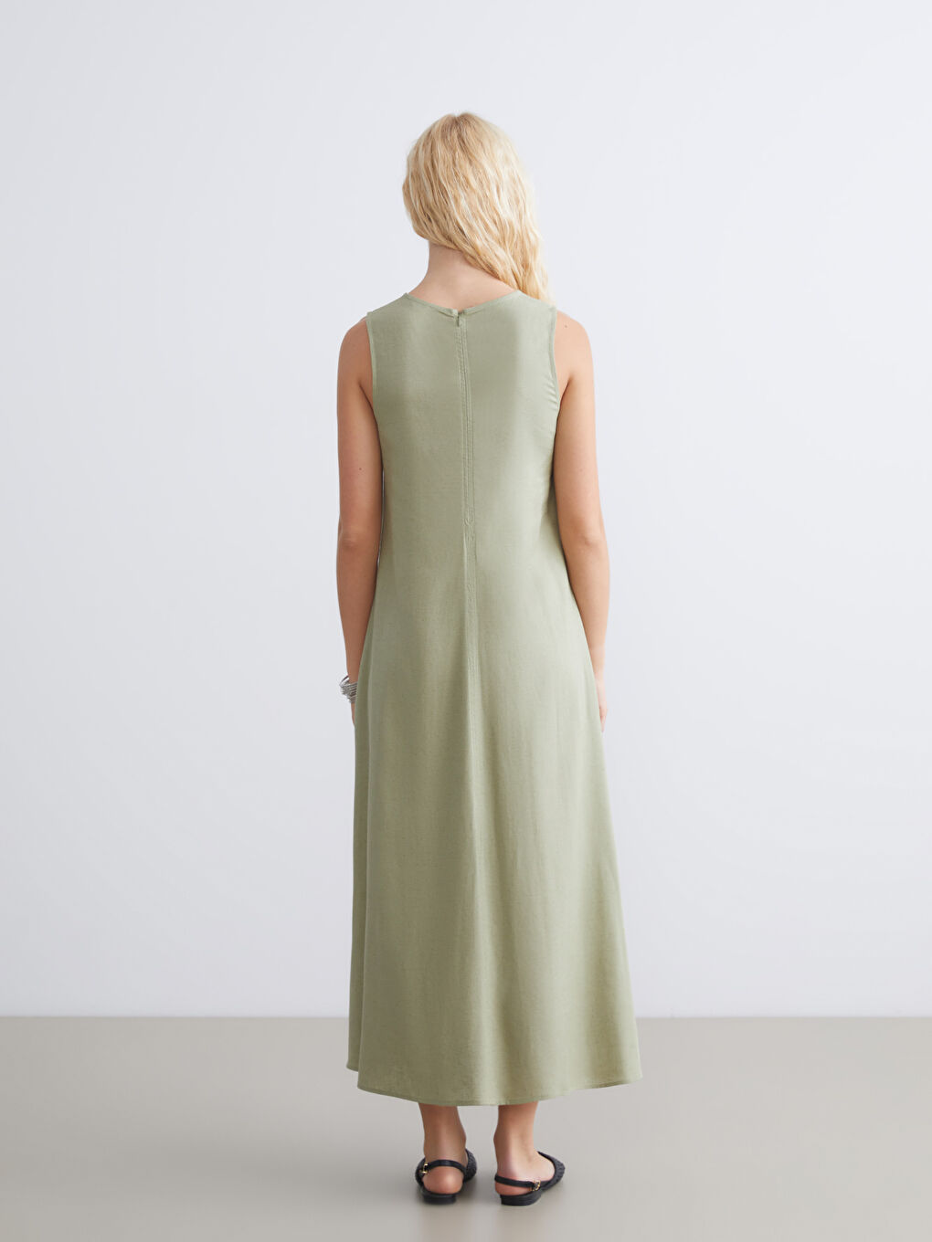 Haki Bisiklet Yaka A Kesim Keten Karışımlı Elbise-3