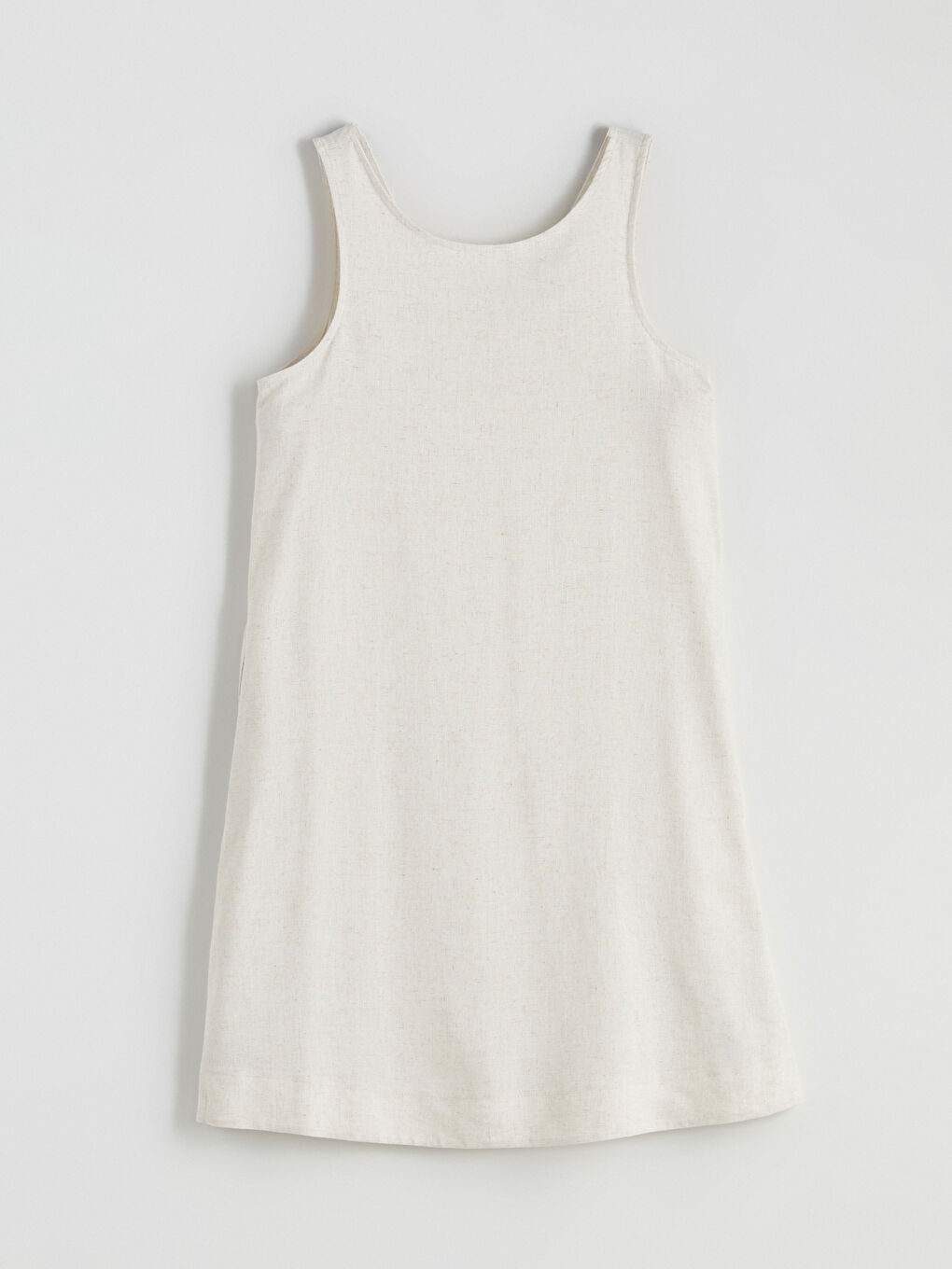 Bej U Yaka A Kesim Keten Karışımlı Elbise-5