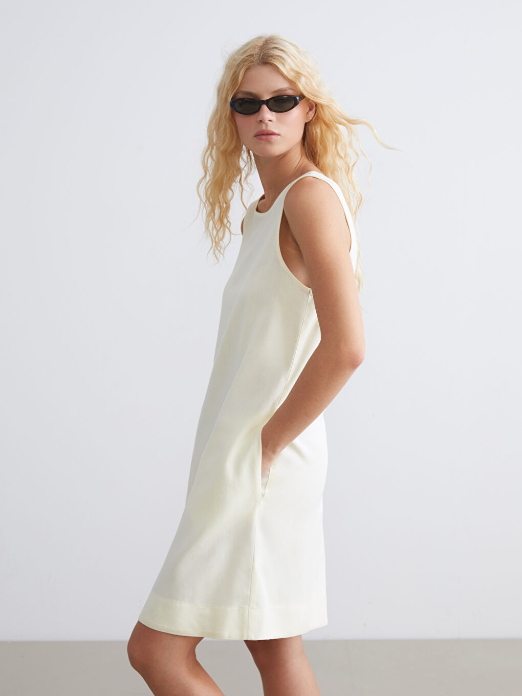 Sarı U Yaka A Kesim Keten Karışımlı Elbise