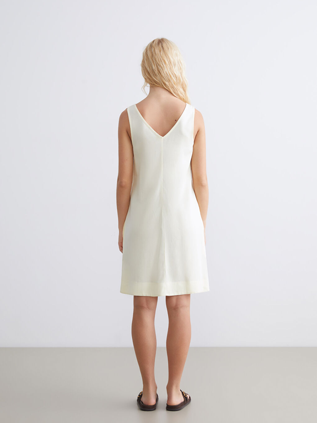 Sarı U Yaka A Kesim Keten Karışımlı Elbise-3