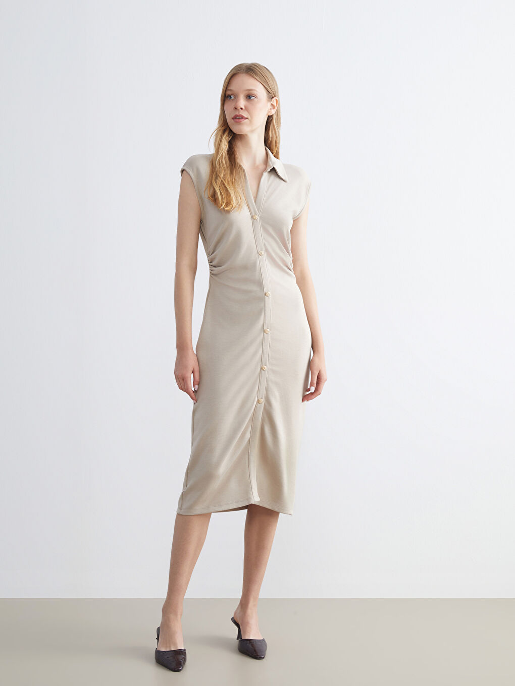 Bej Büzgülü Gömlek Elbise-1