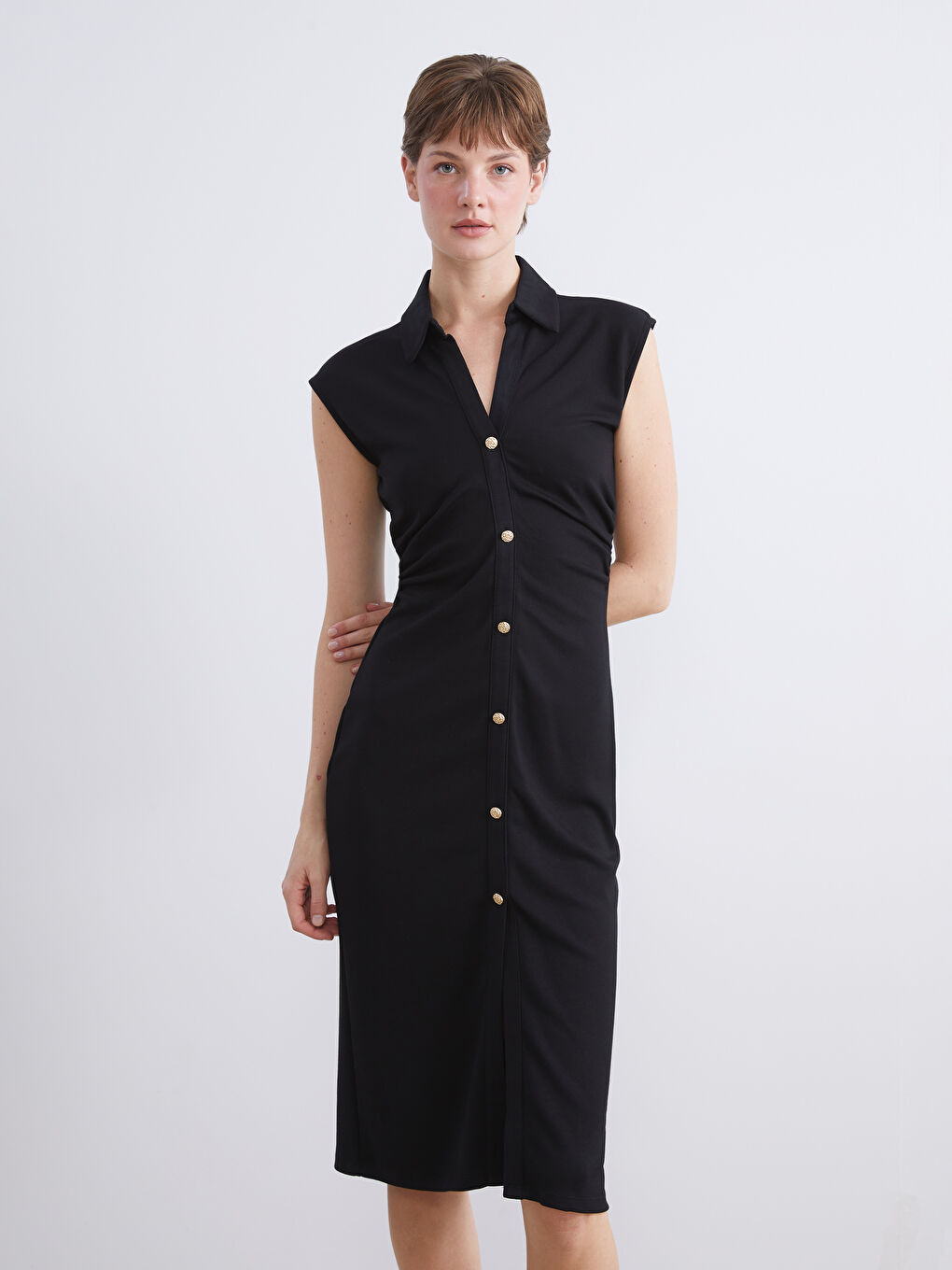 Siyah Büzgülü Gömlek Elbise-1