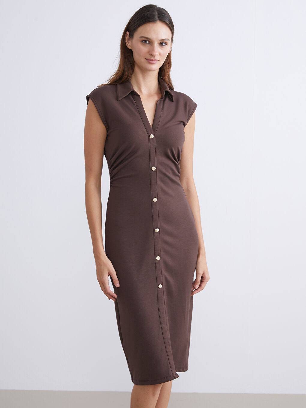 Kahverengi Büzgülü Gömlek Elbise-1