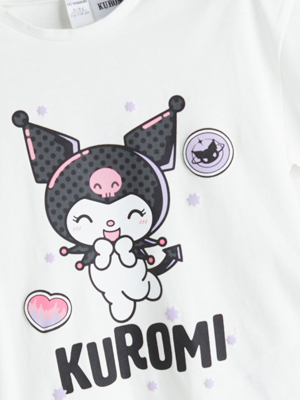 Ekru Bisiklet Yaka Kuromi Baskılı Kız Çocuk Tişört-3