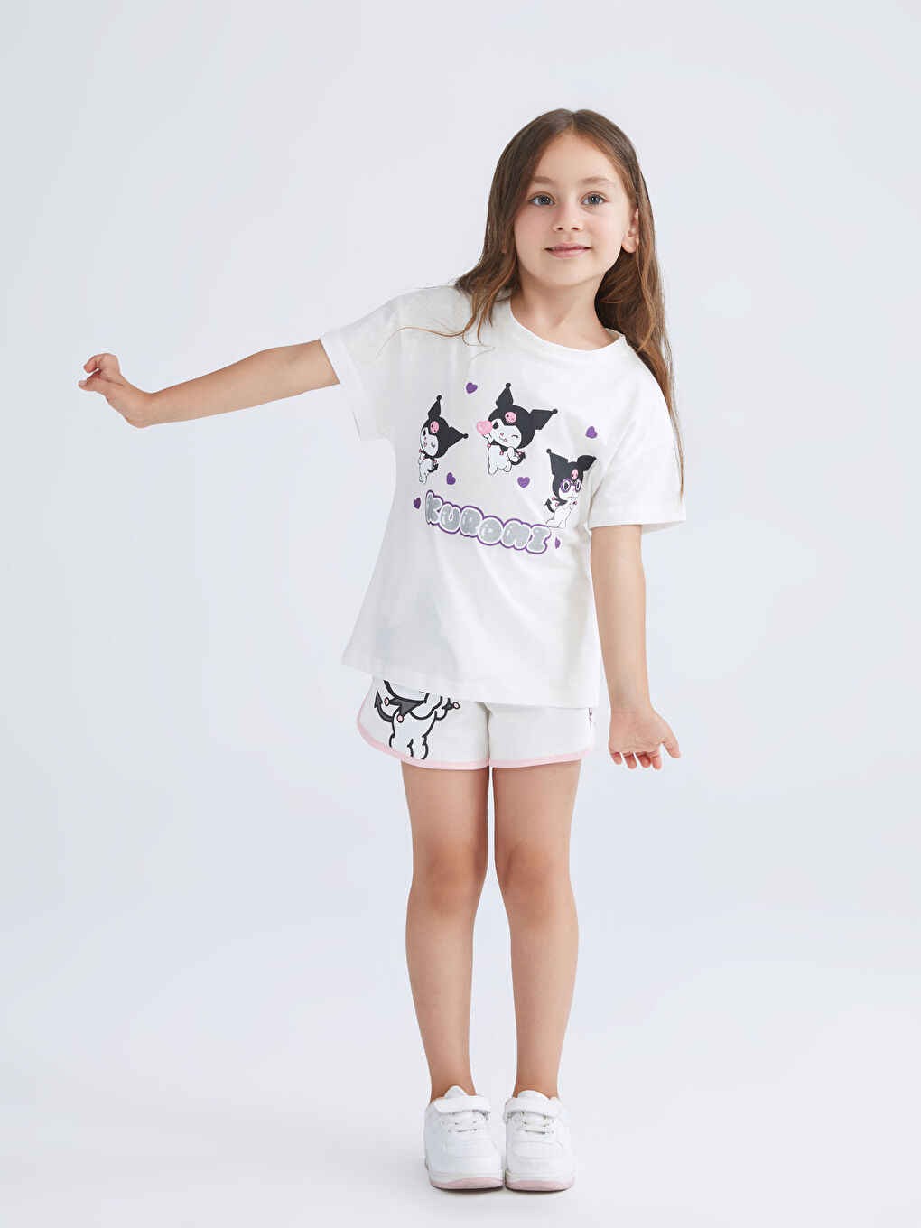 Ekru Bisiklet Yaka Kuromi Baskılı Kız Çocuk Tişört-1