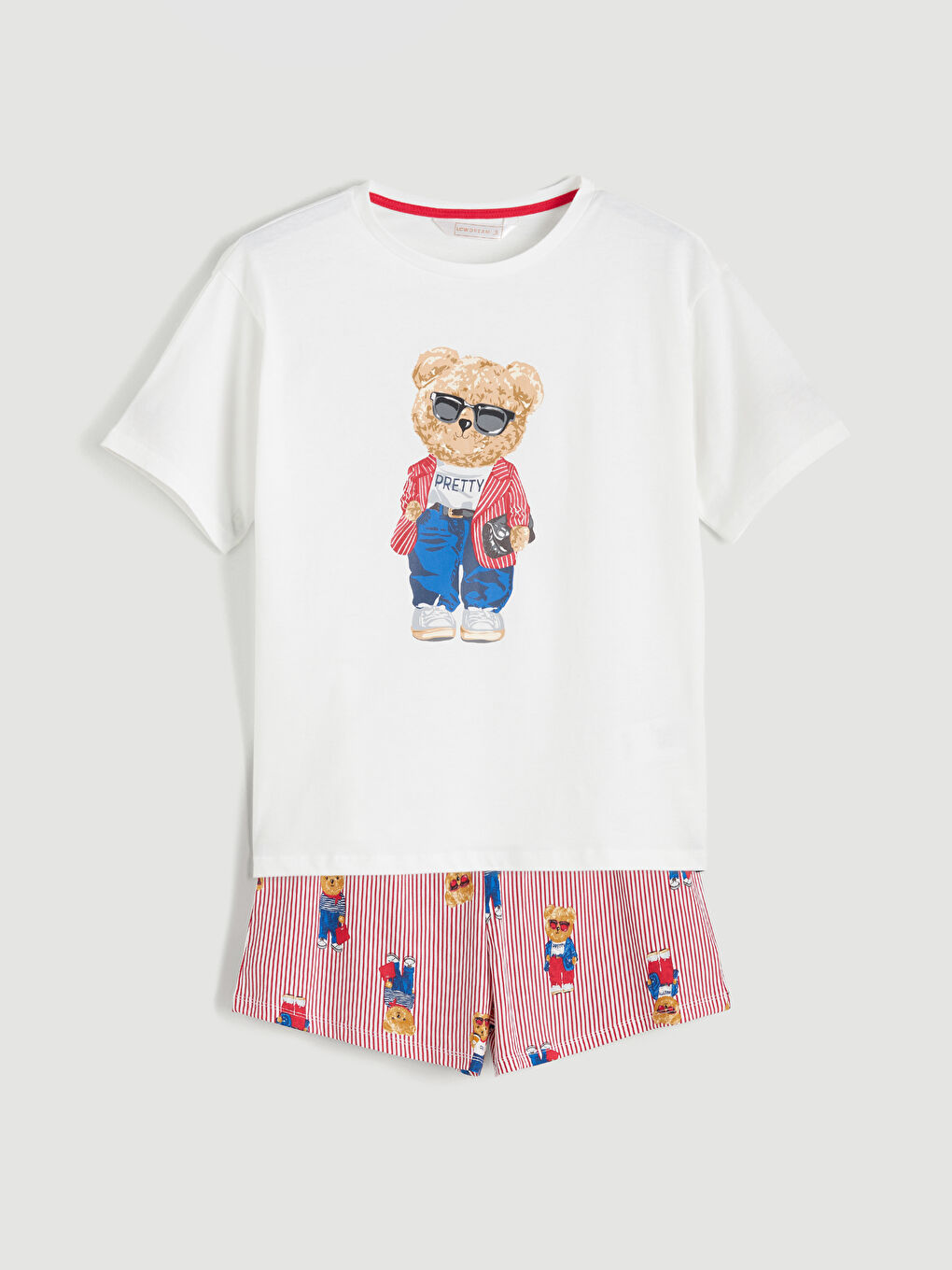 Kırmızı Ayı Teddy Baskılı Kadın Şortlu Pijama Takımı-4