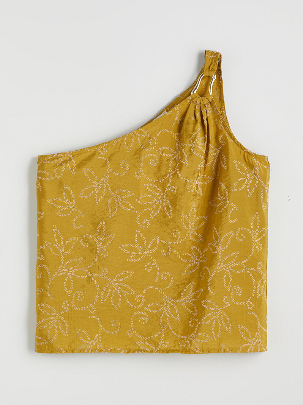 Yeşil Tek Omuz Nakışlı Büzgülü Bluz-4