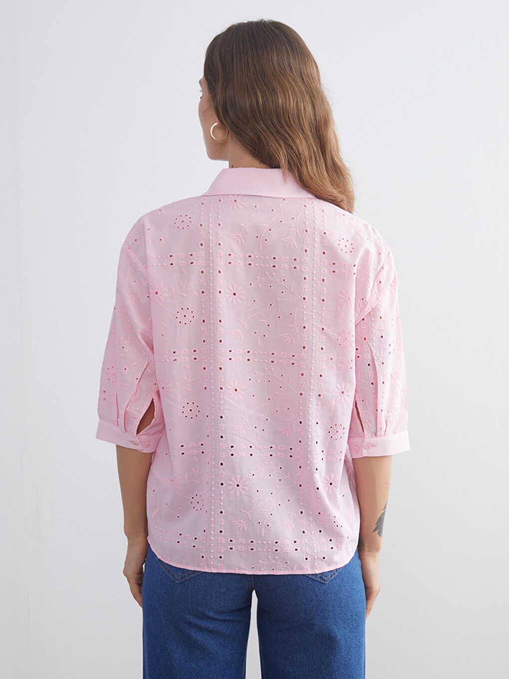 Pembe Ajurlu Brode Kadın Gömlek-3
