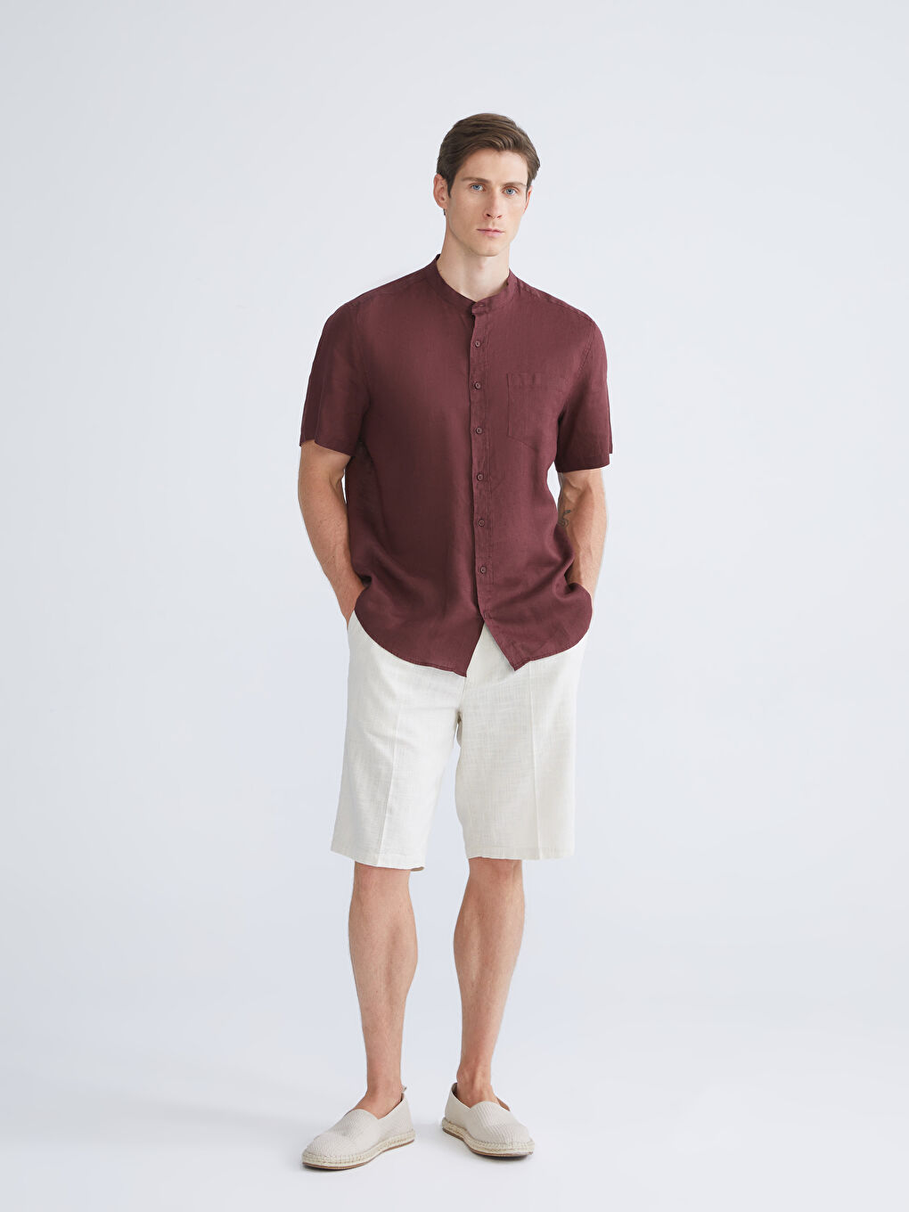 Mürdüm Regular Fit Hakim Yaka Kısa Kollu %100 Keten Erkek Gömlek-1