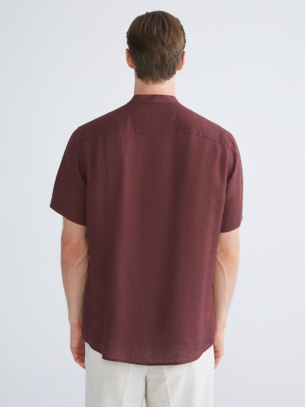 Mürdüm Regular Fit Hakim Yaka Kısa Kollu %100 Keten Erkek Gömlek-3