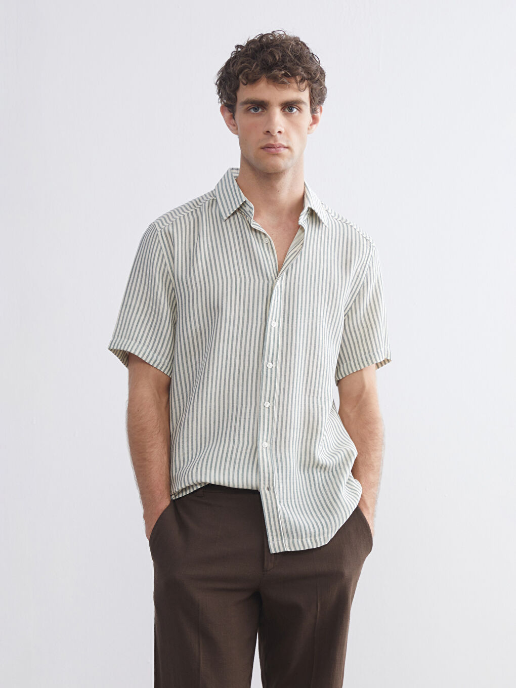 Yeşil Regular Fit Kısa Kollu Çizgili Müslin Erkek Gömlek