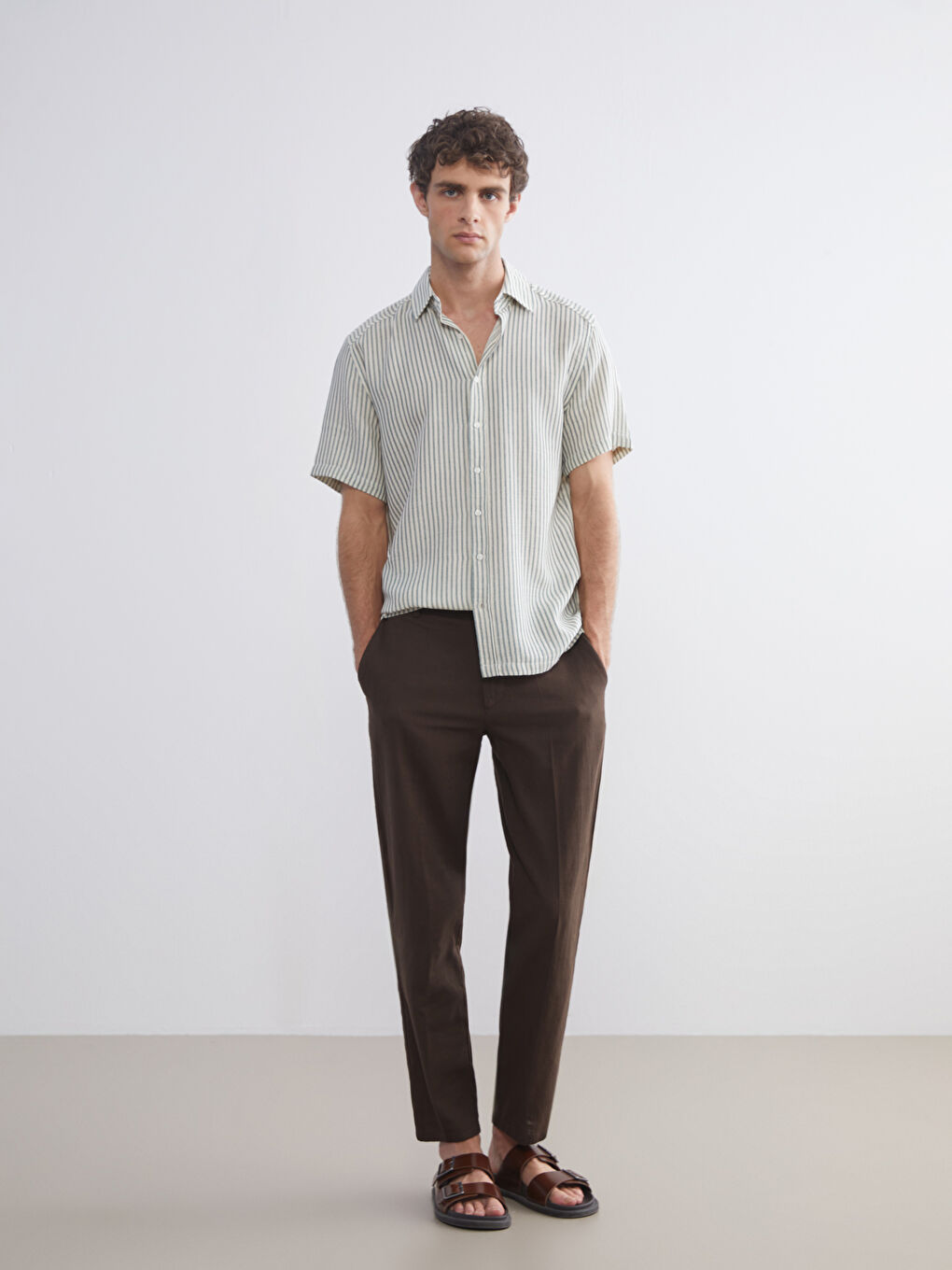 Yeşil Regular Fit Kısa Kollu Çizgili Müslin Erkek Gömlek-1