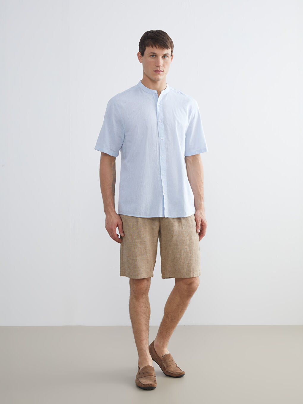 Kahverengi Standart Kalıp Keten Karışımlı Erkek Şort