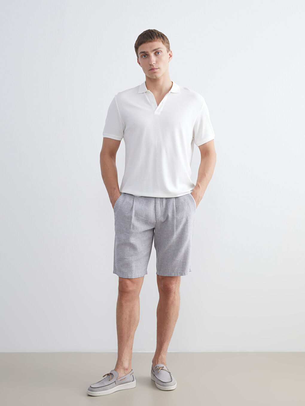 Gri Standart Kalıp Keten Karışımlı Erkek Şort