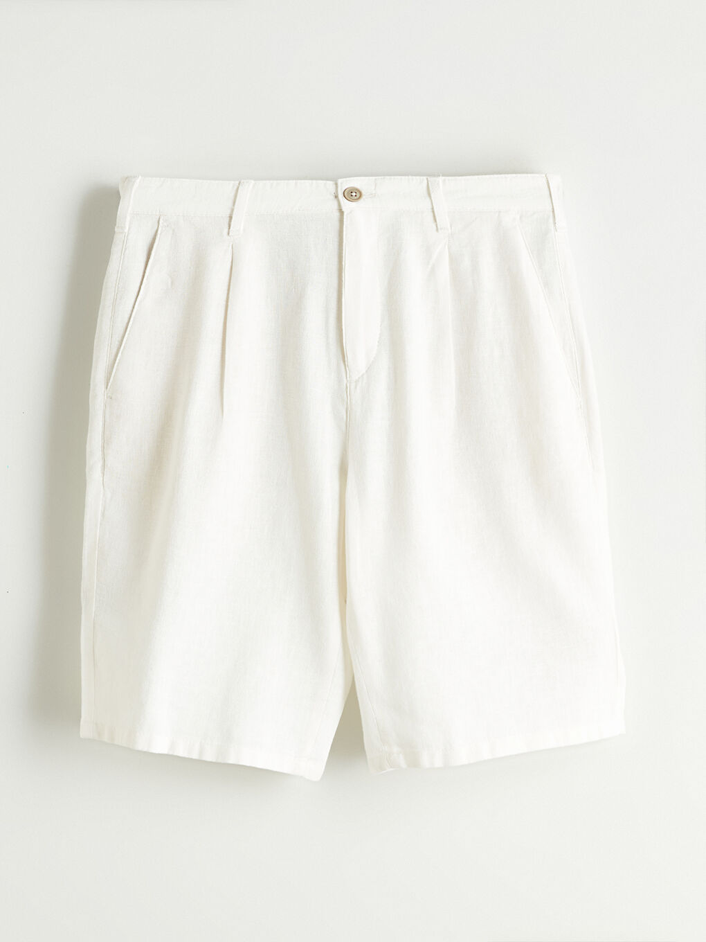 Ekru Standart Kalıp Keten Karışımlı Erkek Şort-4