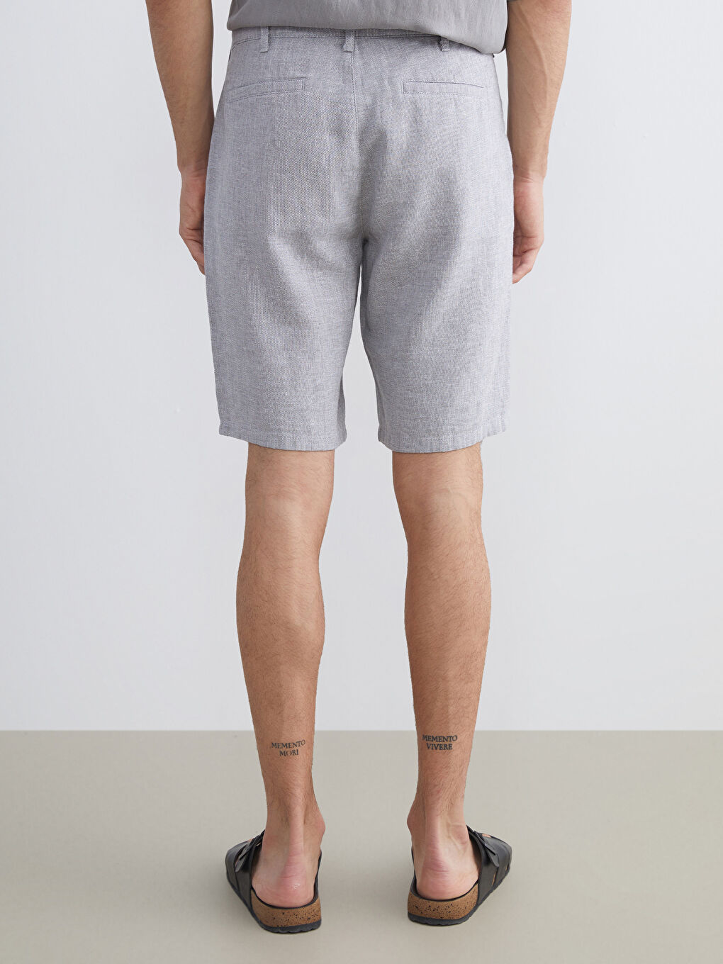 Gri Standart Kalıp Keten Karışımlı Erkek Şort-3
