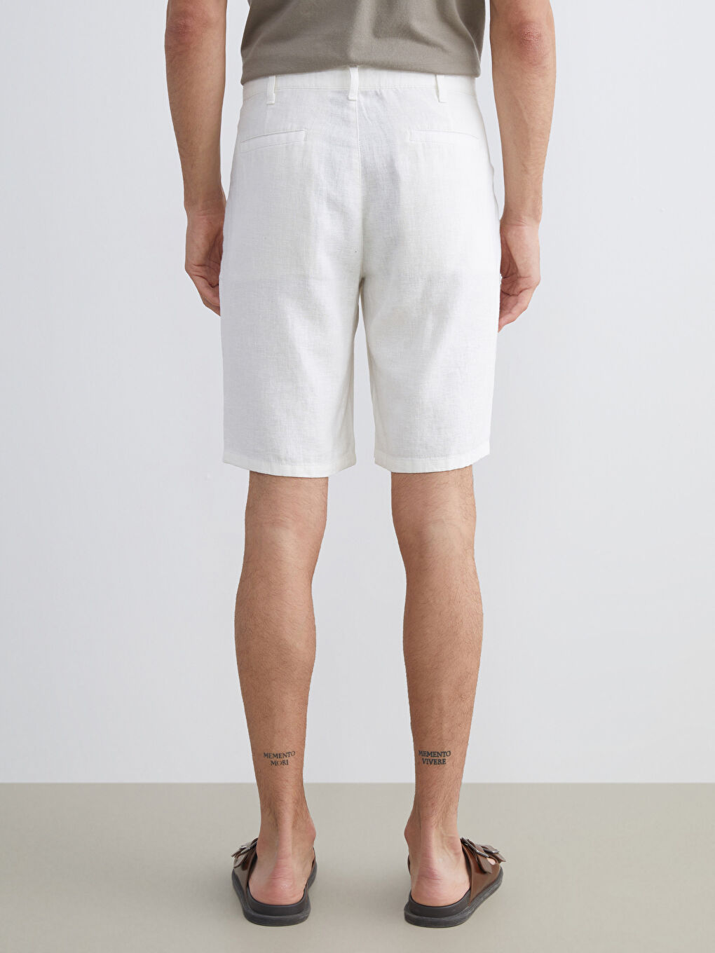 Ekru Standart Kalıp Keten Karışımlı Erkek Şort-3