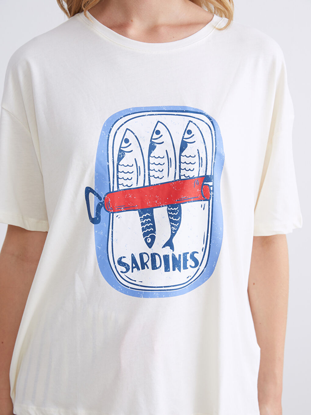 Ekru Bisiklet Yaka Baskılı Kadın Pijama Üstü-1