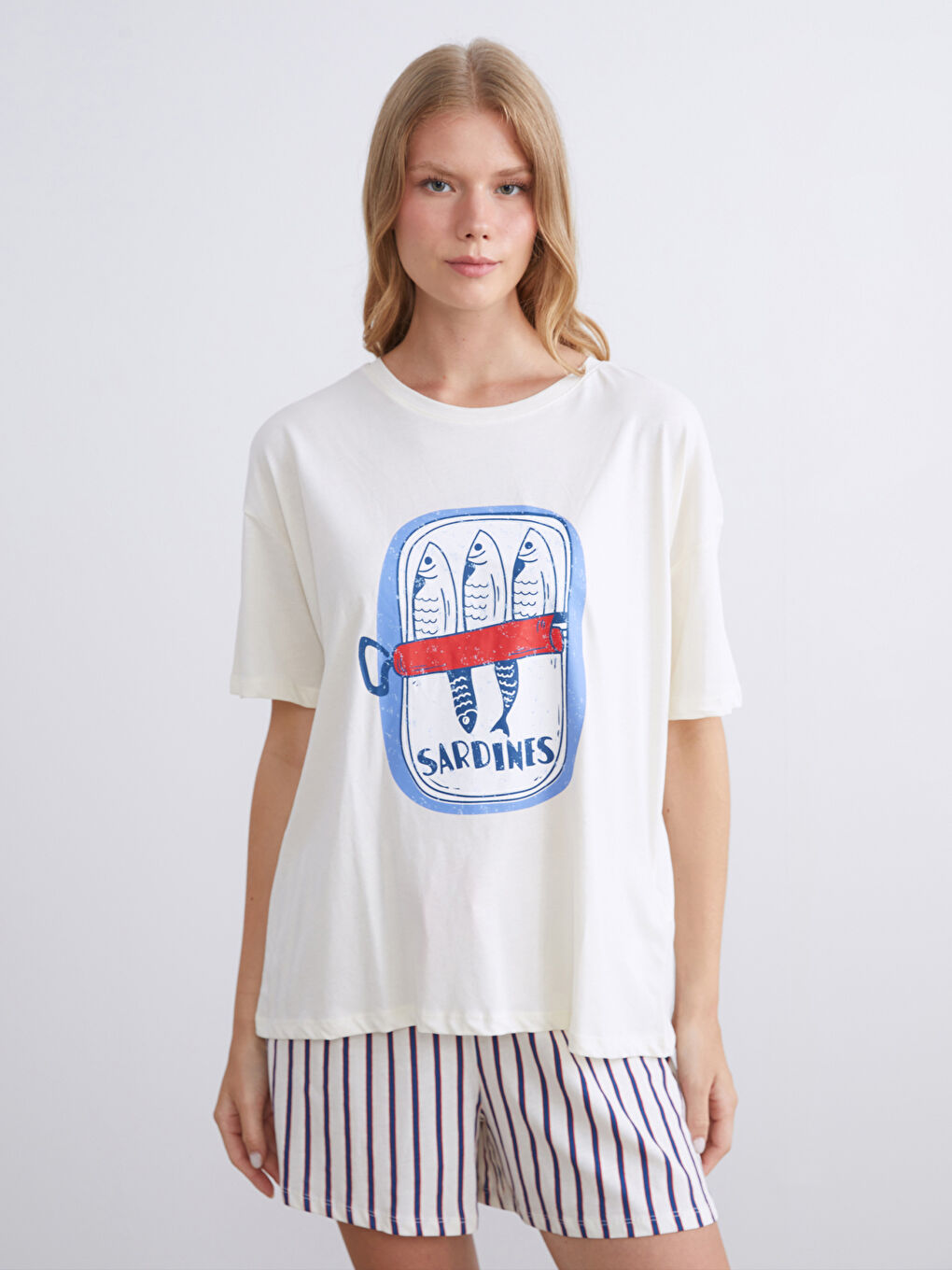 Lacivert Bisiklet Yaka Baskılı Kadın Şortlu Pijama Takımı-1