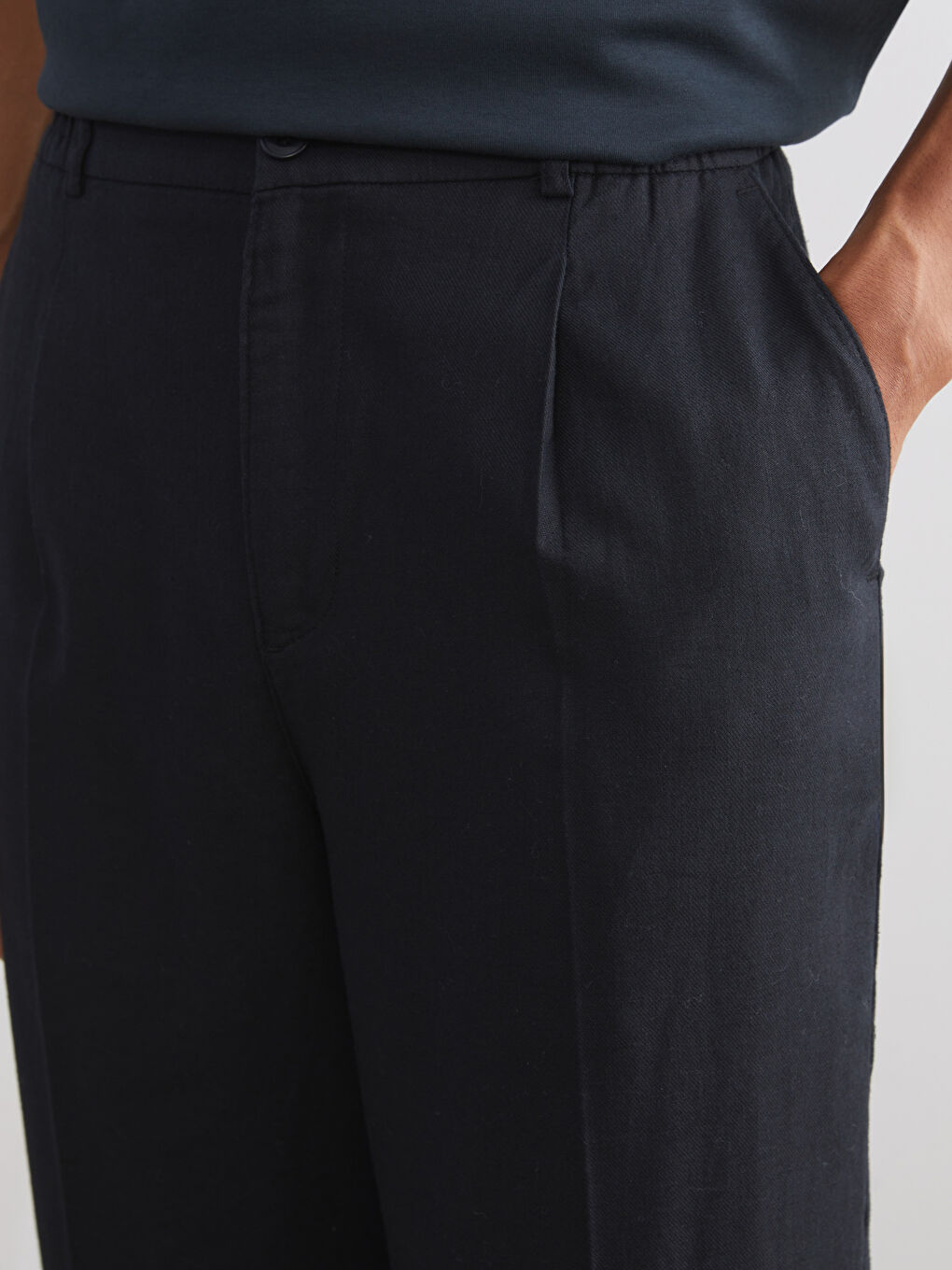 Siyah Rahat Kalıp Keten Karışımlı Erkek Pantolon-2