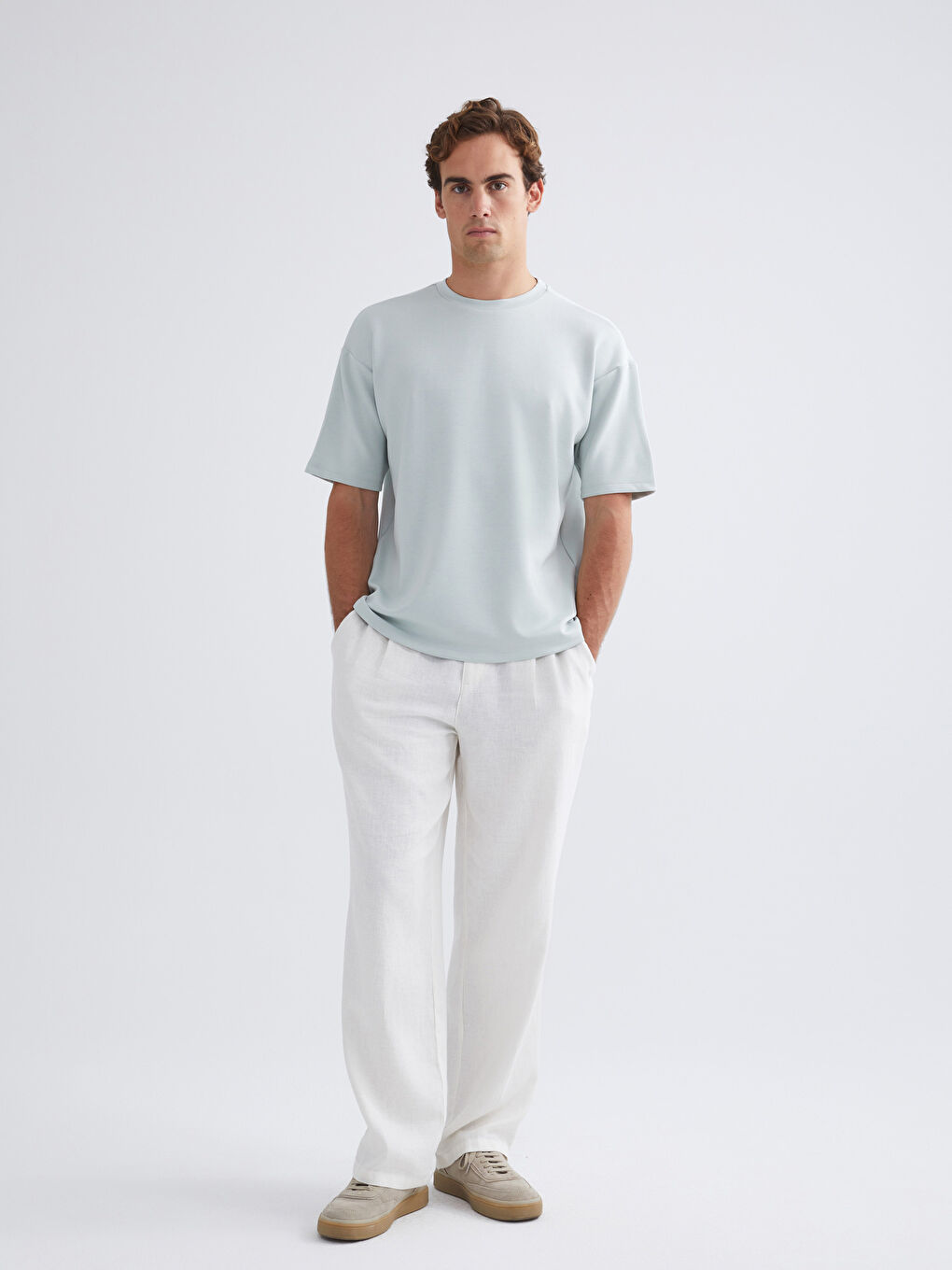 Ekru Rahat Kalıp Keten Karışımlı Erkek Pantolon