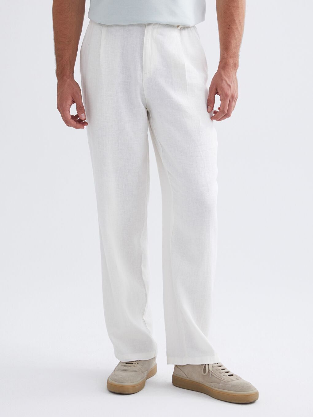 Ekru Rahat Kalıp Keten Karışımlı Erkek Pantolon-1