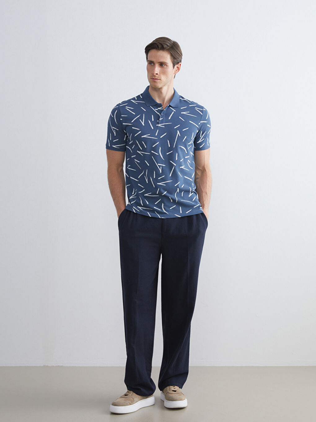 Lacivert Rahat Kalıp Keten Karışımlı Erkek Pantolon