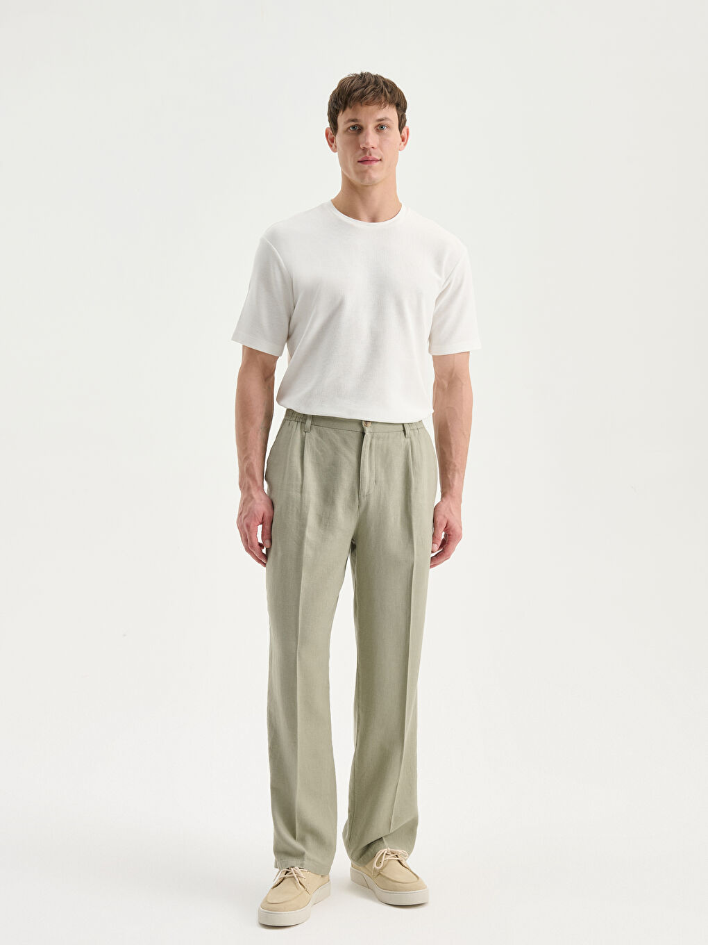 Yeşil Rahat Kalıp Keten Karışımlı Erkek Pantolon