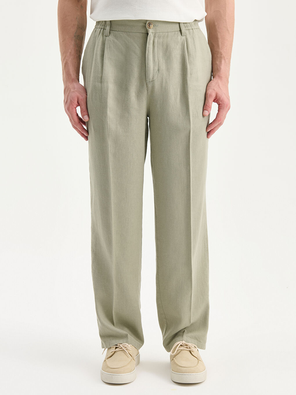 Yeşil Rahat Kalıp Keten Karışımlı Erkek Pantolon-1