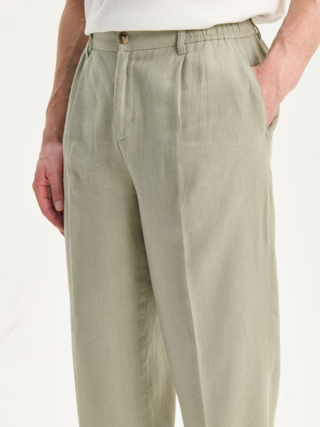Yeşil Rahat Kalıp Keten Karışımlı Erkek Pantolon-2