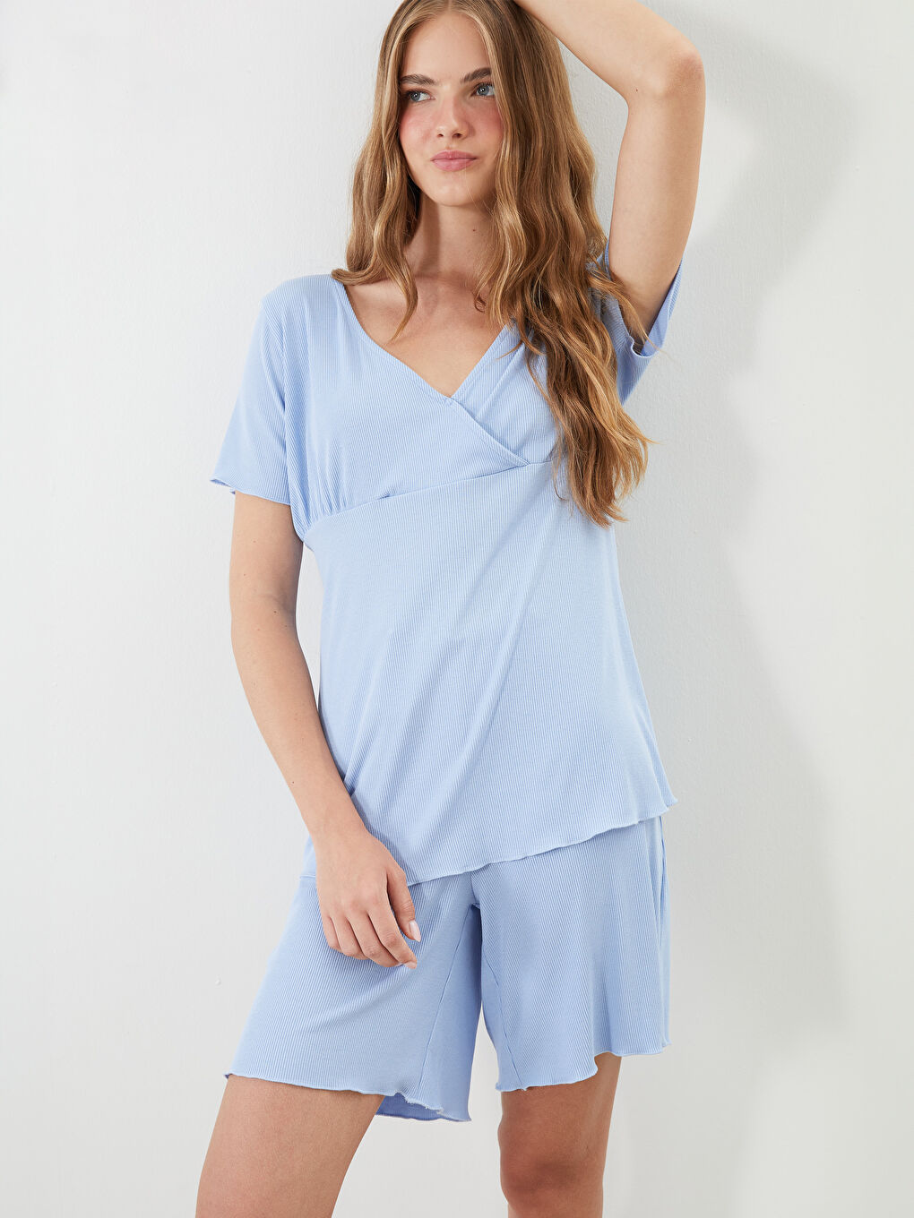 Mavi V Yaka Dokulu Hamile Pijama Takımı