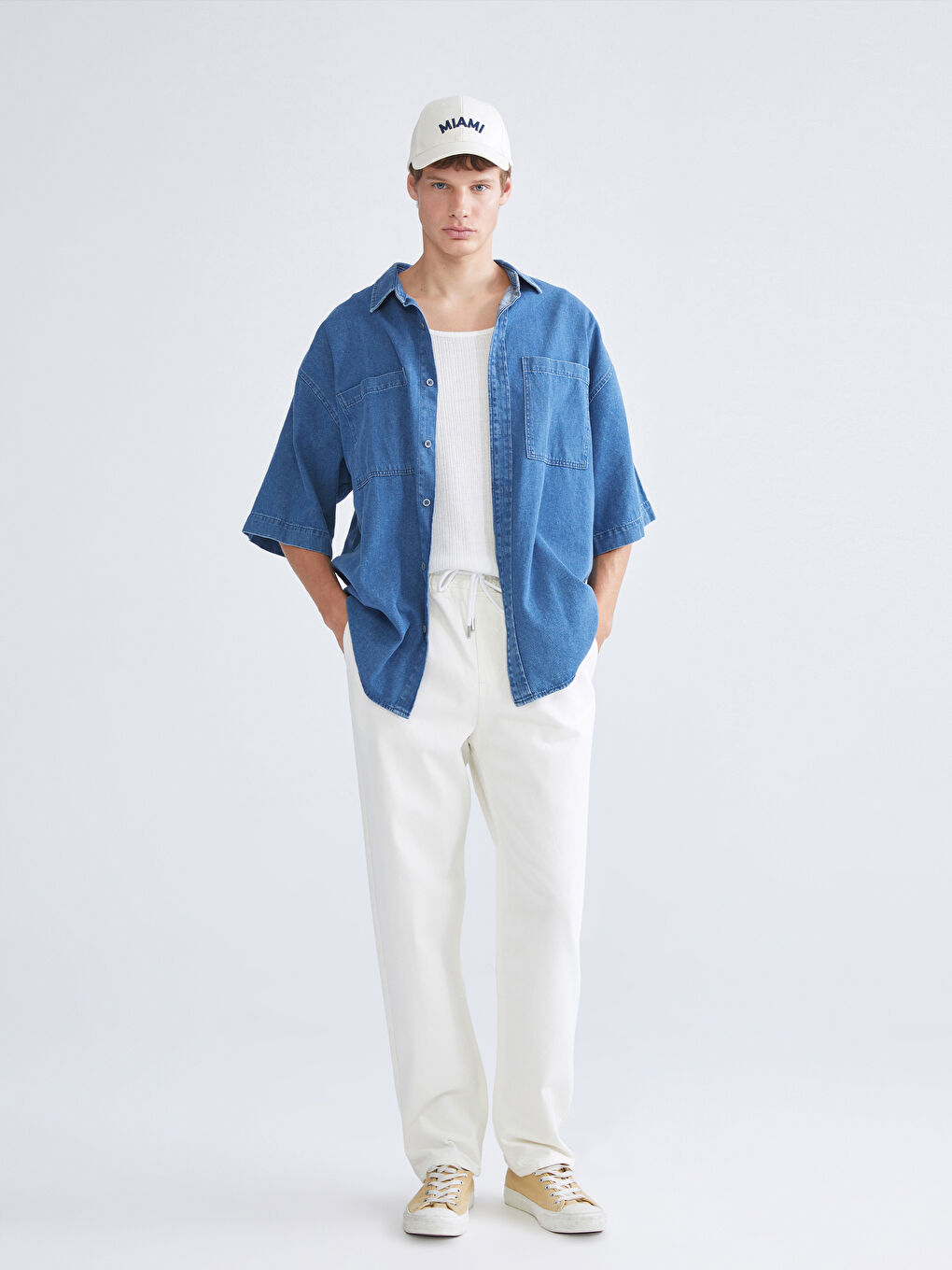 Beyaz Baggy Fit Erkek Jean Pantolon-1