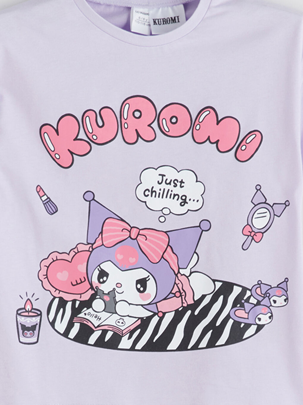 Lila Bisiklet Yaka Kuromi Baskılı Kız Çocuk Tişört-1