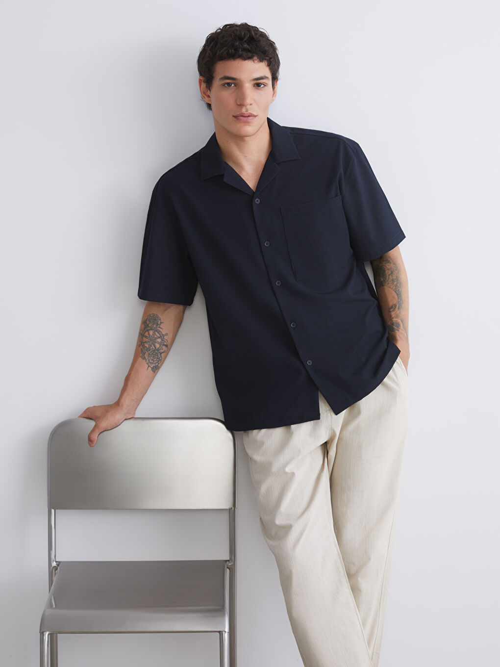 Lacivert Rahat Kalıp Kısa Kollu Erkek Gömlek