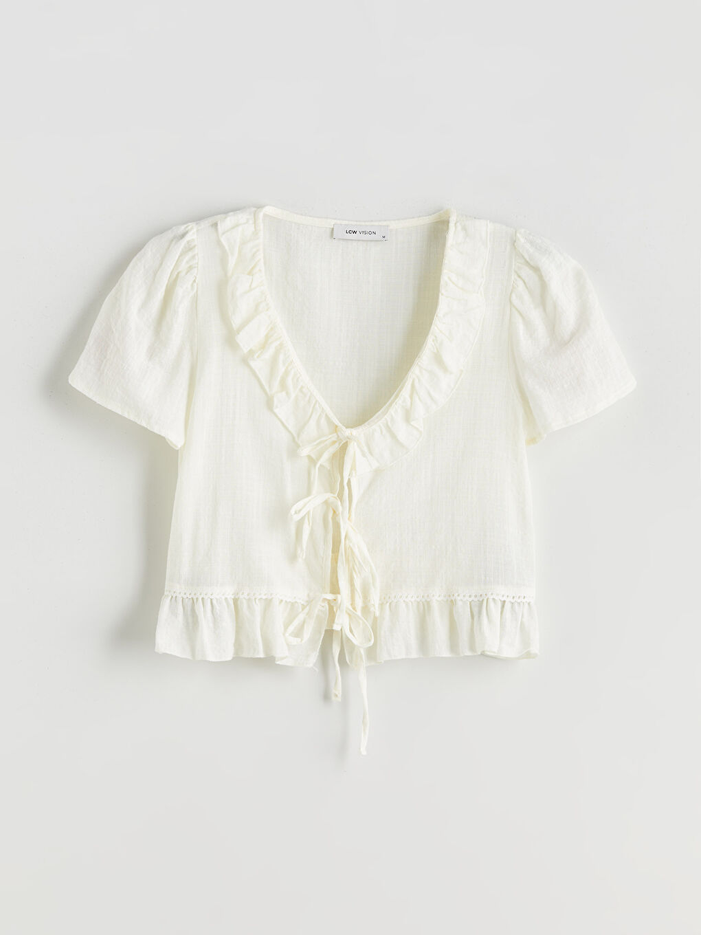 Ekru V Yaka Fırfırlı Bluz-4