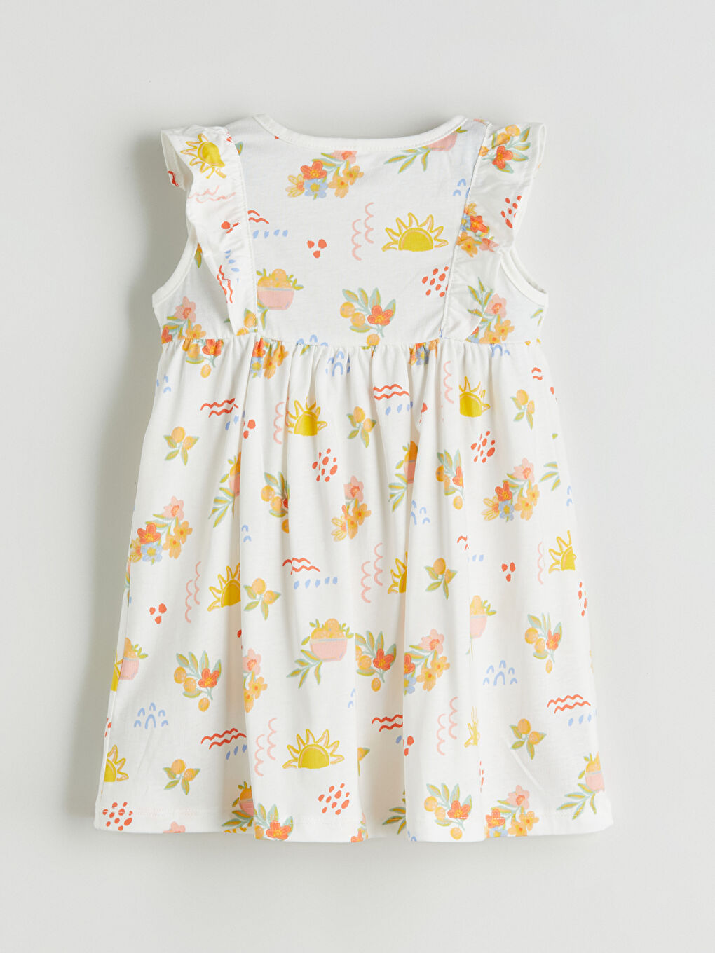 Ekru Bisiklet Yaka Baskılı Fırfır Detaylı Kız Bebek Elbise-2