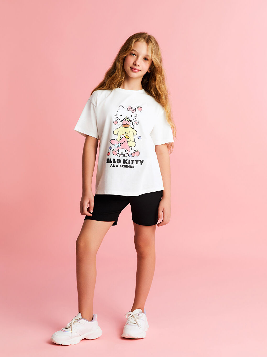 Ekru Bisiklet Yaka Hello Kitty Baskılı Kız Çocuk Tişört ve Tayt