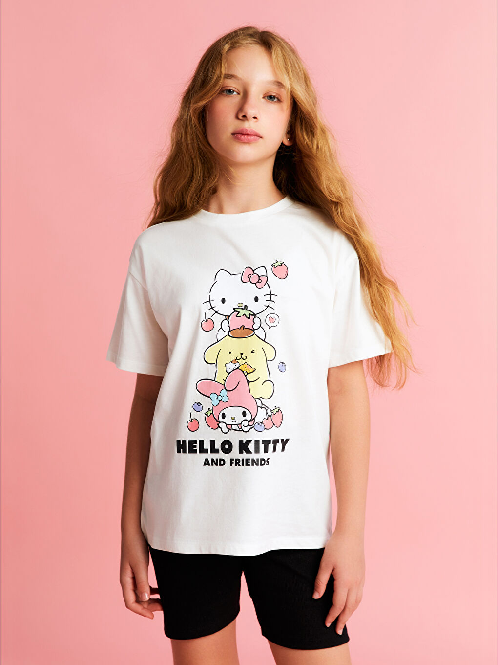 Ekru Bisiklet Yaka Hello Kitty Baskılı Kız Çocuk Tişört ve Tayt-1