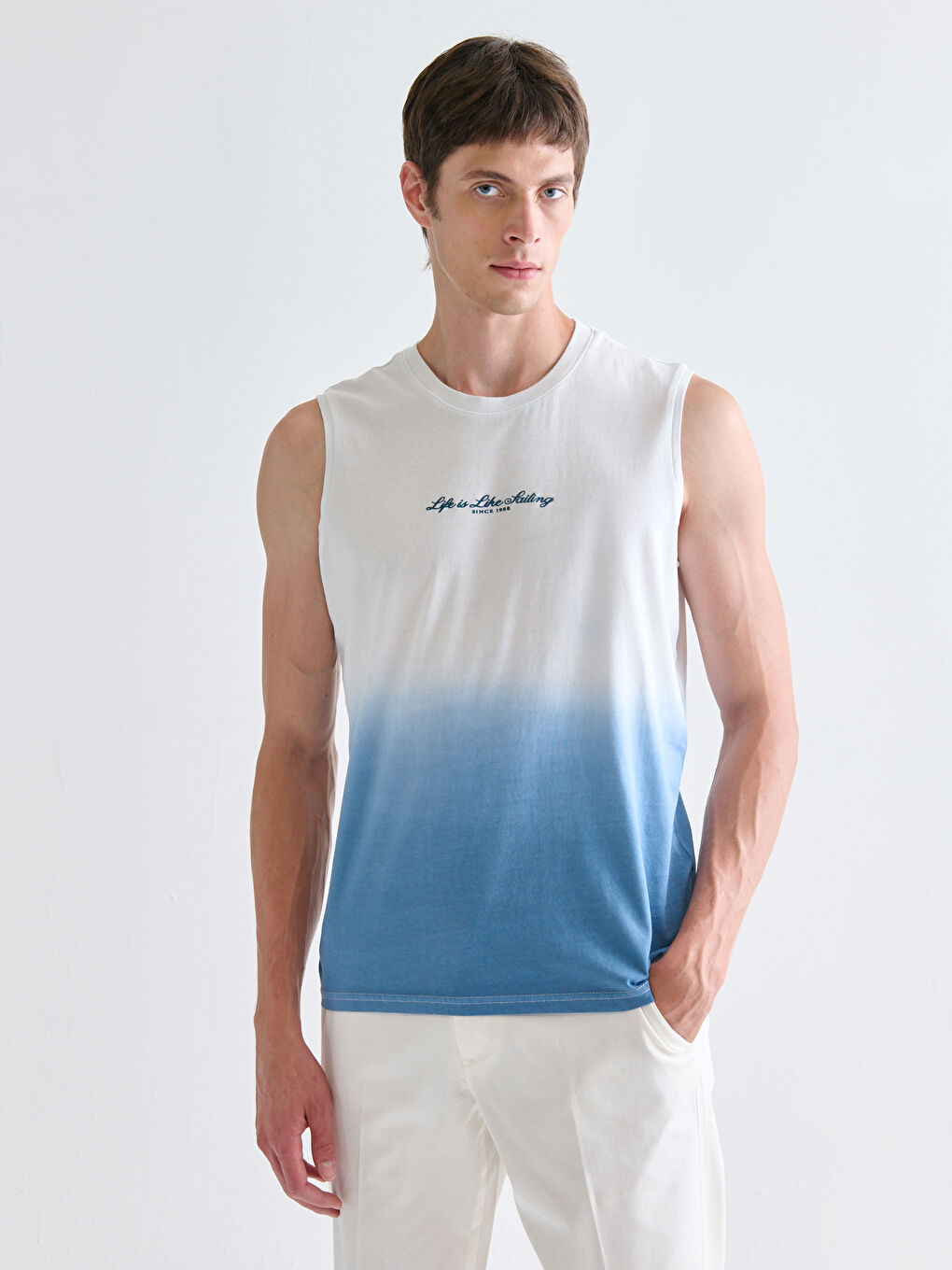 Lacivert Bisiklet Yaka Baskılı Erkek Kolsuz Tişört