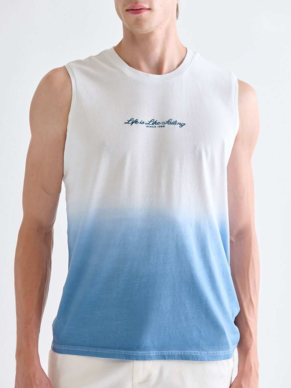 Lacivert Bisiklet Yaka Baskılı Erkek Kolsuz Tişört-2