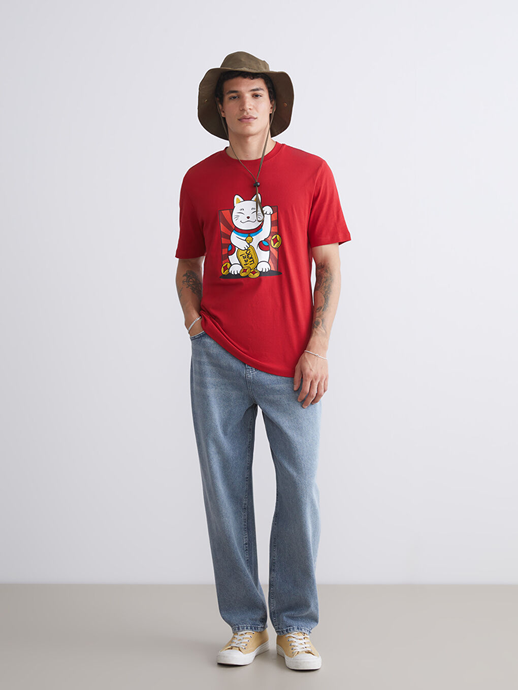 Kırmızı Bisiklet Yaka Baskılı Penye Erkek Tişört-1